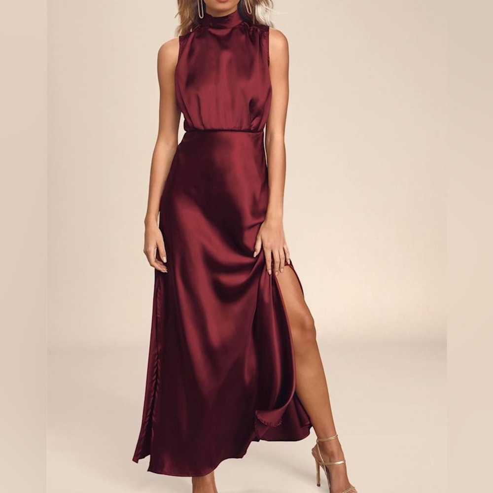 Lulu's Classic Elegance Wine Satin Maxi Dress